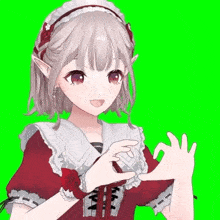 a girl with white hair and red eyes is wearing a red dress