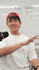 a man wearing a red hat and a white shirt stands in front of a white board with kanji katakana written on it