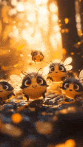 a group of cartoon bees with big eyes are walking on a rock
