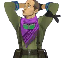 a man wearing a purple scarf and goggles with the letter t on it holds his hands behind his head