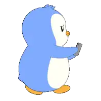 a blue penguin is holding a cell phone in its hand