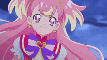a pink and purple anime character with a heart shaped necklace