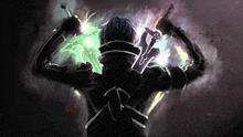 a man is holding a sword and a green sword in his hands in a dark room .