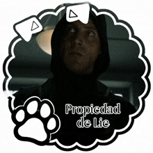 a picture of a man in a hooded jacket with the words propiedad de lie below him