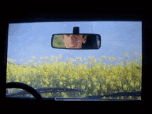 a man is smiling in the rear view mirror of a car with a field of yellow flowers in the background