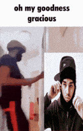 a picture of a man wearing a mask and a hat with the words oh my goodness gracious