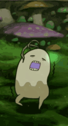 a cartoon character is standing in the grass with a purple mouth