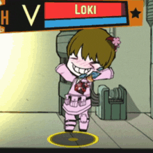 a cartoon character with a flower in her hair and the name loki