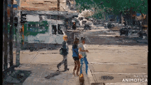 a painting of people walking across a street is made in animatica