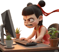 a cartoon character is sitting at a desk using a computer
