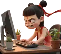a cartoon character is sitting at a desk using a computer