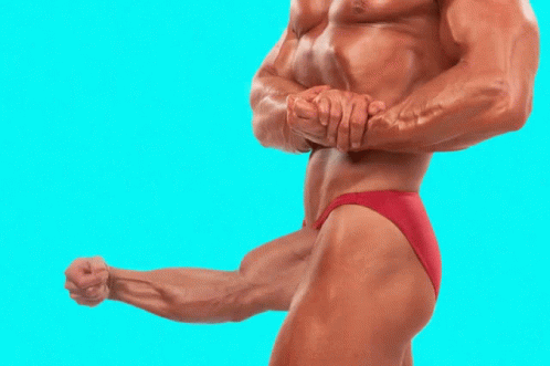 a muscular man in red underwear is flexing his muscles against a blue background .