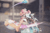 a girl with pink hair is holding a stuffed animal