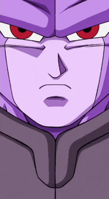 a close up of a person 's face with purple hair and red eyes