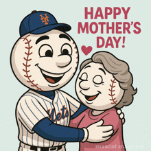 a happy mother 's day greeting card with a mets mascot hugging a woman