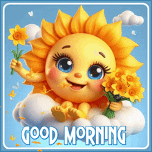 a cartoon sun is sitting on a cloud holding a bouquet of yellow flowers