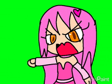a cartoon of a girl with pink hair and orange eyes is on a green screen