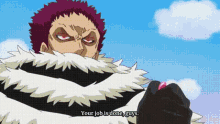 a man with purple hair is wearing a fur coat and saying `` your job is done guys '' .