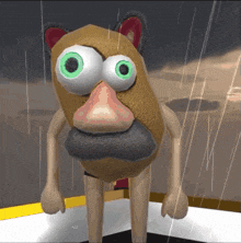 a cartoon character with big eyes and a mustache standing in the rain