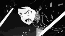 a black and white drawing of a person with a sword and the words " i am to protect "