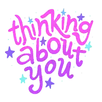 a sticker that says `` thinking about you '' with stars and bubbles