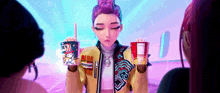a girl in a yellow jacket is holding a cup that says dev