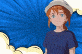 a girl with red hair and blue eyes wearing a hat