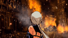 a drawing of a woman standing in front of a fire