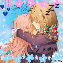 a picture of a girl hugging another girl with the words " good night " written on it