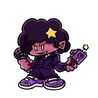 a cartoon character with a star on his head is holding a microphone and a gun .