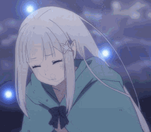 a girl with white hair is wearing a blue cape and has a flower in her hair