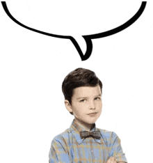 a young boy wearing a plaid shirt and bow tie is standing with his arms crossed and a thought bubble above his head .