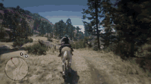 a person riding a horse in a video game with a map in the background