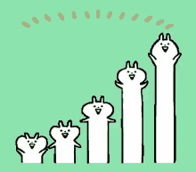 a group of rabbits are standing in a line with their arms in the air