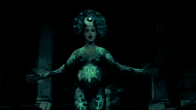 a woman in a dark room with a clock on her head with the number 7 on it
