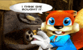 a cartoon squirrel talking on a telephone with a speech bubble that says i think she bought it