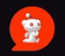 a white teddy bear is sitting in a red circle with a speech bubble .