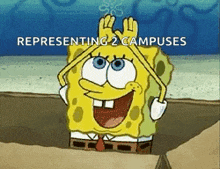 a cartoon of spongebob with the words representing 2 campuses written above him