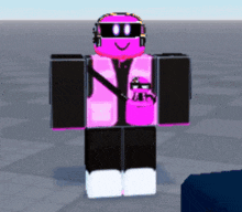 a cartoon character with a pink vest and black pants