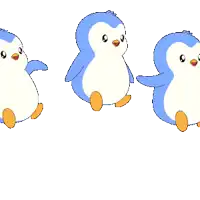 three blue and white penguins with orange feet