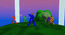a group of robots are standing on top of a hill in a video game