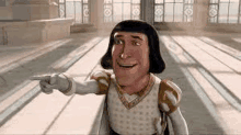 a cartoon character is pointing at something in a room with lots of windows .