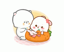 a cartoon illustration of a polar bear and a bunny eating carrots
