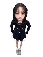 a girl with her arms outstretched is wearing a blue shirt and skirt