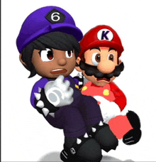 a girl in a purple hat is carrying a stuffed mario