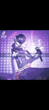 a tiktok video of a person holding a microphone with a purple background