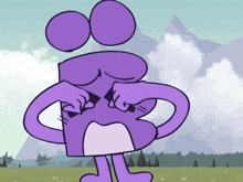 a purple cartoon character with a mountain in the background is standing in a field