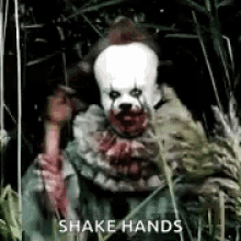 a scary clown is sitting in the grass holding a knife and saying shake hands .
