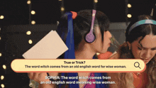a woman wearing headphones is looking at a screen that says " true or trick " on it