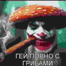 a clown is smoking a cigar and wearing a mushroom hat .